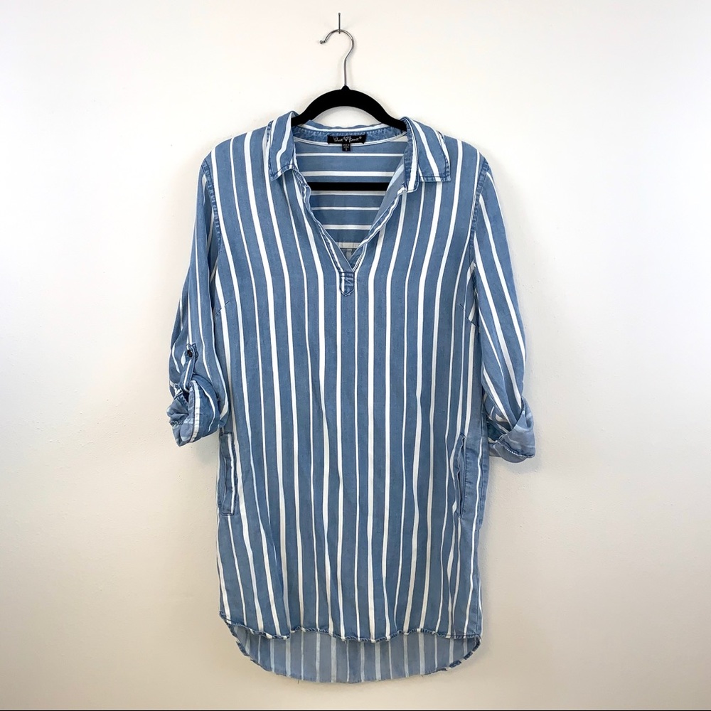 White Striped Chambray Shirt Dress